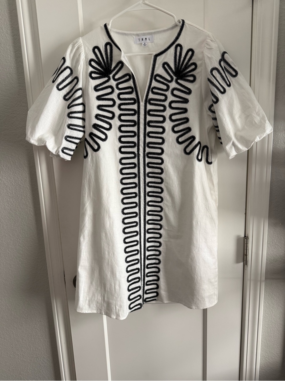 White Embroidered Shift Dress with Black Trim